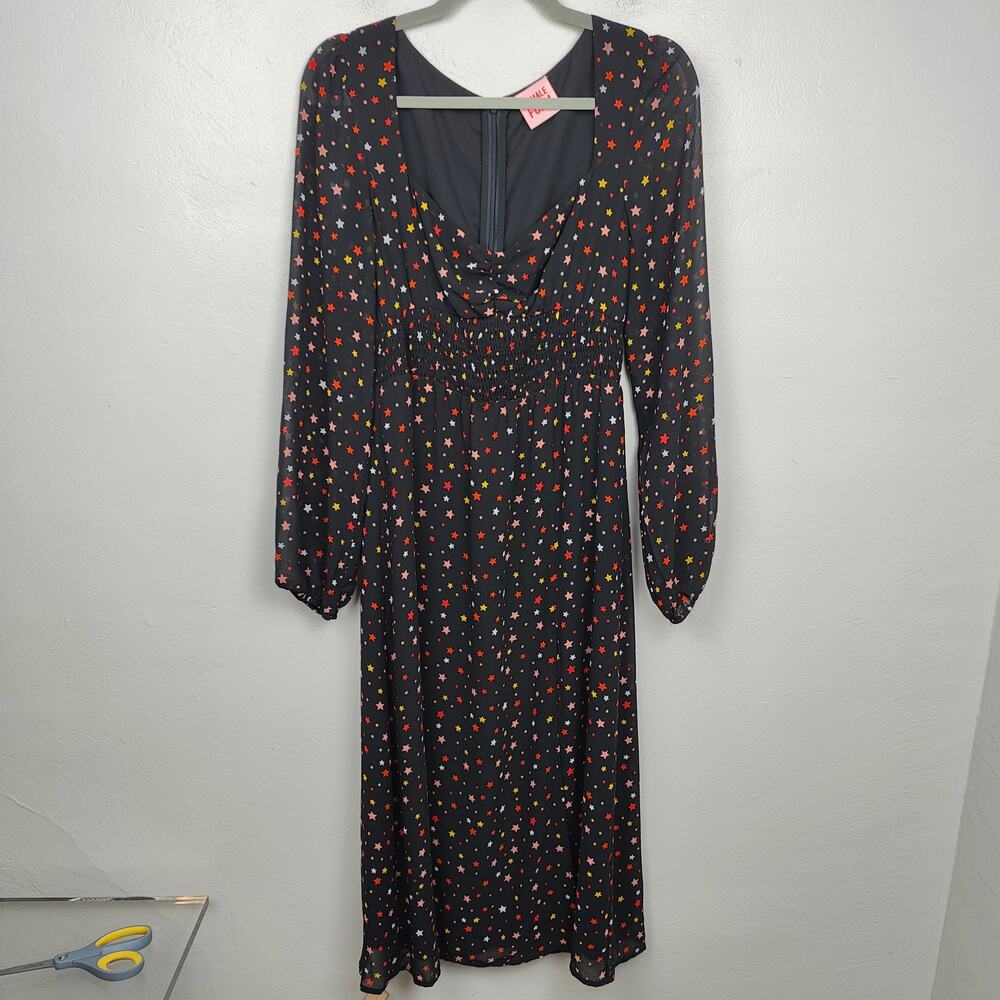 Female Form Star Print‎ Midi Dress Womens Large Black Semi-Sheer Peasant Boho